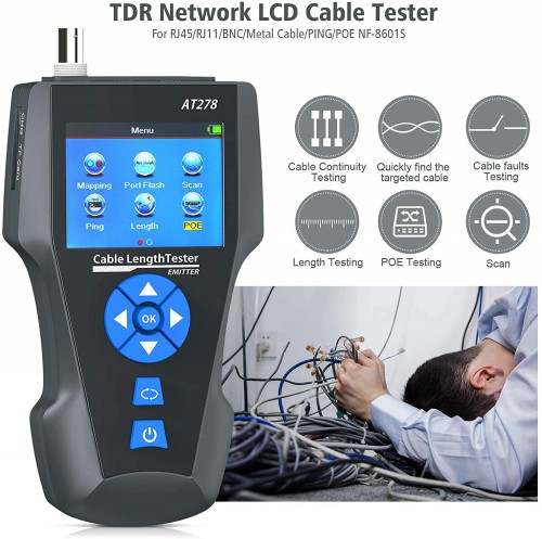 KOLSOL AT278 TDR Multi-functional LCD Network Cable Tester Tracker RJ45/RJ11/BNC/Metal Cable/PING/POE Cable Length Test With Port Flashing