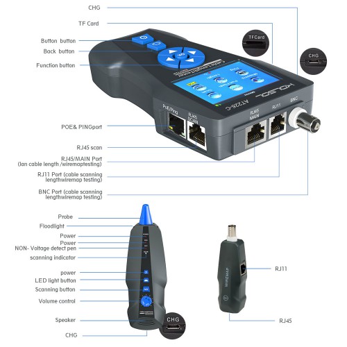 KOLSOL AT278 TDR Multi-functional LCD Network Cable Tester Tracker RJ45 / RJ11 / BNC / Metal Cable / PING / POE Cable Length Test